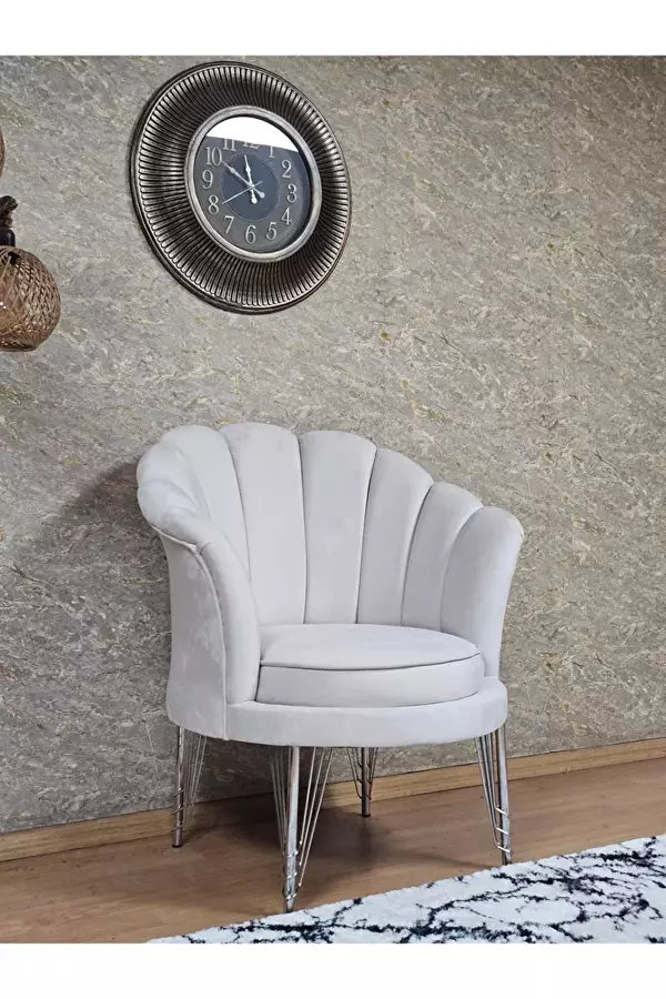 Tekli İstiridye Krom Kaplama Telli Ayak Çay Seti Koltuk Tekli Berjer , Balkon, Salon, Ofis Krem Renk 47 x 47 Boyut/Ebat - Image 1