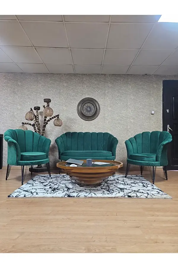 İstiridye Takım Siyah Boyalı Telli Ayak Çay Seti Koltuk Takımı Yeşil Renk 110 x 48 Boyut/Ebat - Image 1