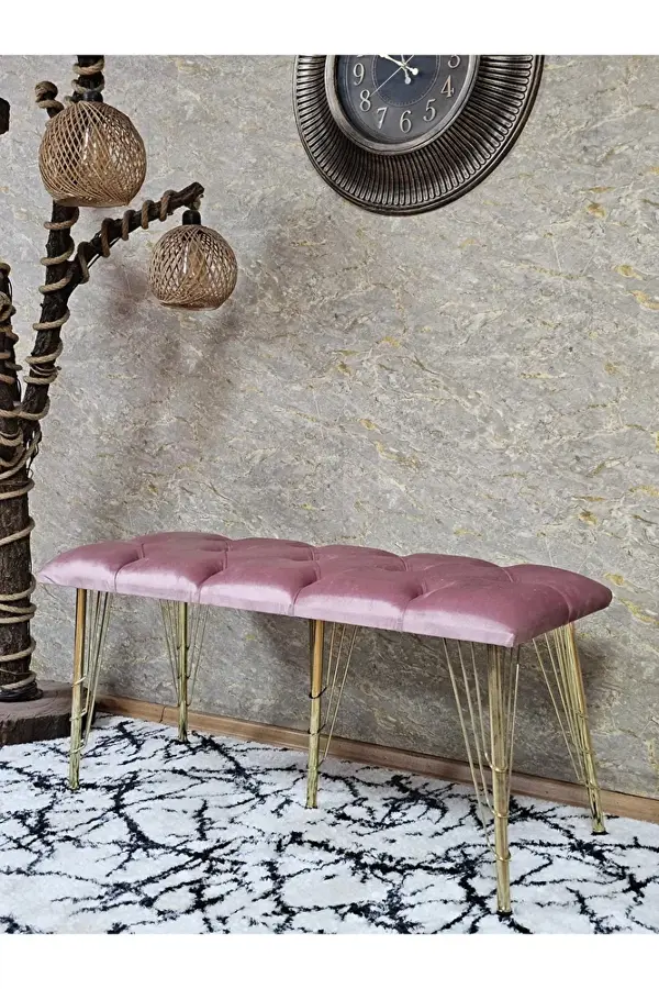 Metal Gold Tel Ayaklı 100 cm Puf Bench - Puf - Bench - Oturak - Mutfak Oturağı - Antre Oturağı Pembe Renk 100 x 40 Boyut/Ebat - Image 1