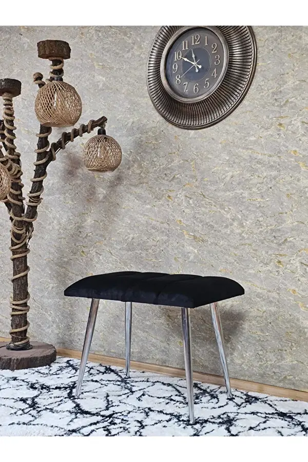 Krom Sivriltme Ayaklı 60 cm Puf Bench - Puf - Bench - Oturak - Mutfak Oturağı - Antre Oturağı Siyah Renk 60 x 40 Boyut/Ebat - Image 1