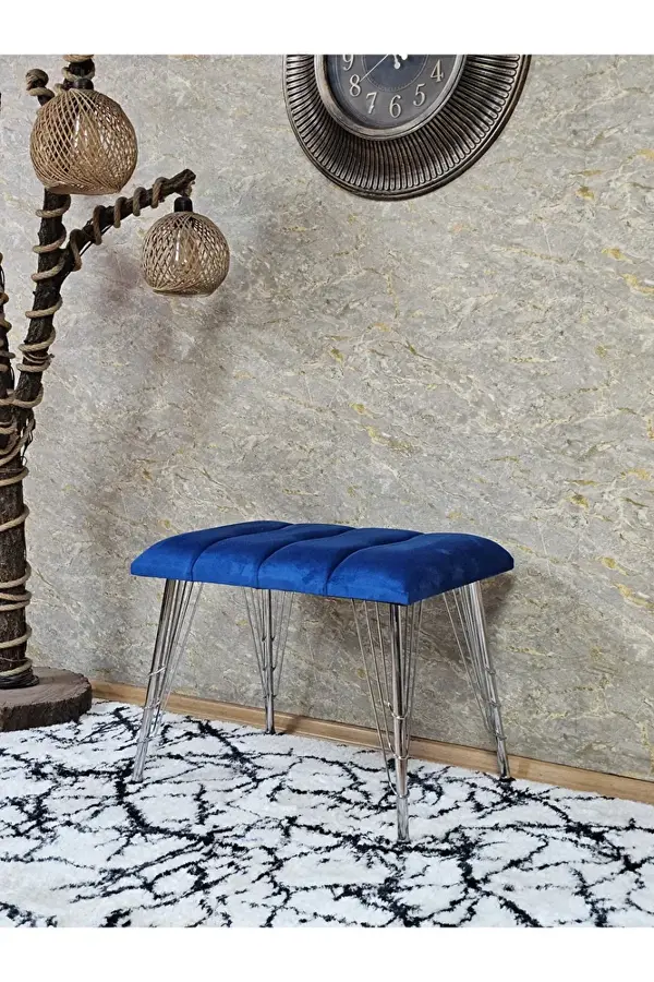 Metal Krom Tel Ayaklı 60 cm Puf Bench - Puf - Bench - Oturak - Mutfak Oturağı - Antre Oturağı Mavi Renk 60 x 40 Boyut/Ebat - Image 1