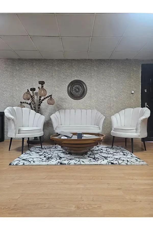 İstiridye Takım Siyah Boyalı Sivriltme Ayak Çay Seti Koltuk Takımı Krem Renk 110 x 48 Boyut/Ebat - Image 1
