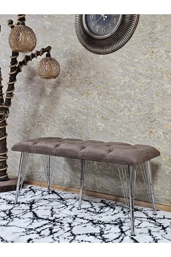 Metal Krom Tel Ayaklı 100 cm Puf Bench - Puf - Bench - Oturak - Mutfak Oturağı - Antre Oturağı Kahverengi Renk 100 x 40 Boyut/Ebat - Image 1