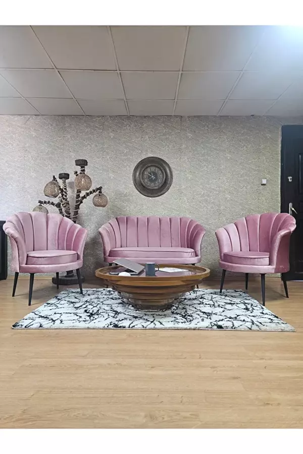 İstiridye Takım Siyah Boyalı Sivriltme Ayak Çay Seti Koltuk Takımı Pembe Renk 110 x 48 Boyut/Ebat - Image 1