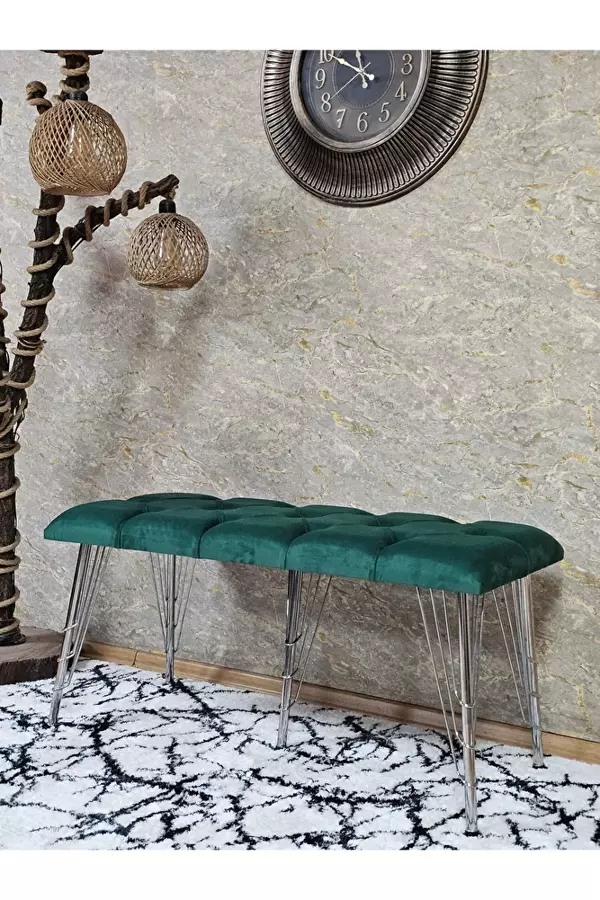Metal Krom Tel Ayaklı 100 cm Puf Bench - Puf - Bench - Oturak - Mutfak Oturağı - Antre Oturağı Yeşil Renk 100 x 40 Boyut/Ebat - Image 1