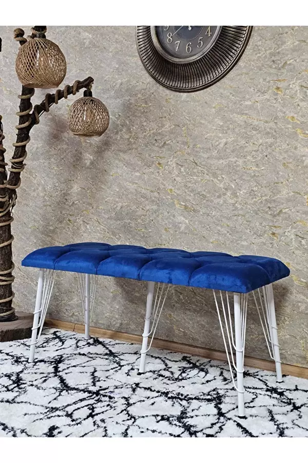 Metal Beyaz Tel Ayaklı 100 cm Puf Bench - Puf - Bench - Oturak - Mutfak Oturağı - Antre Oturağı Mavi Renk 100 x 40 Boyut/Ebat - Image 1