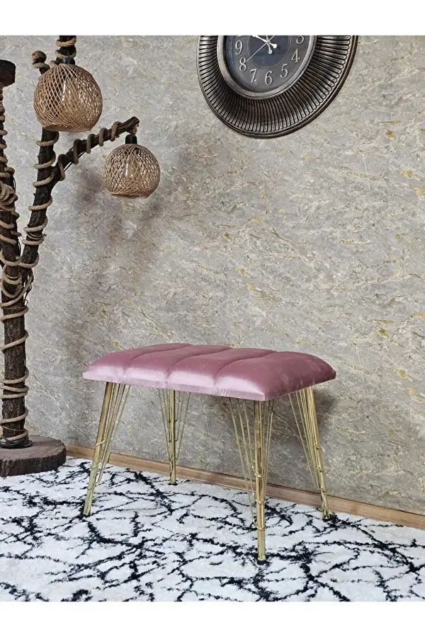 Metal Gold Tel Ayaklı 60 cm Puf Bench - Puf - Bench - Oturak - Mutfak Oturağı - Antre Oturağı Pembe Renk 60 x 40 Boyut/Ebat - Image 1