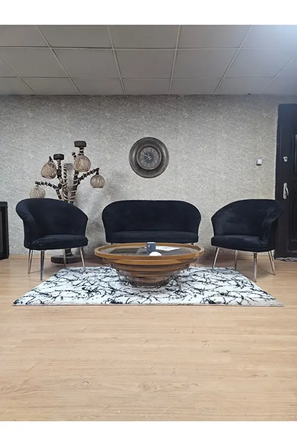 TEDDY Takım Krom Kaplama Sivriltme Ayak Çay Seti Koltuk - Berjer , Balkon, Salon, Ofis Siyah Renk 40 x 125 Boyut/Ebat - Image 1