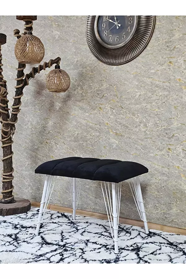 Metal Beyaz Tel Ayaklı 60 cm Puf Bench - Puf - Bench - Oturak - Mutfak Oturağı - Antre Oturağı Siyah Renk 60 x 40 Boyut/Ebat - Image 1