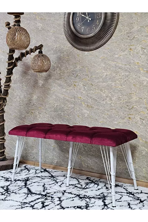 Metal Beyaz Tel Ayaklı 100 cm Puf Bench - Puf - Bench - Oturak - Mutfak Oturağı - Antre Oturağı Bordo Renk 100 x 40 Boyut/Ebat - Image 1