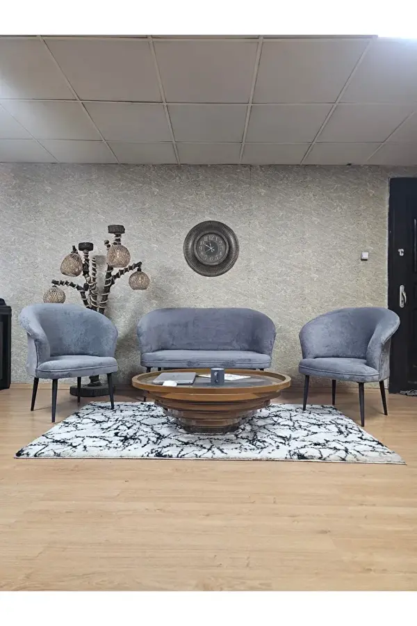 TEDDY Takım Siyah Boyalı Sivriltme Ayak Çay Seti Koltuk - Berjer , Balkon, Salon, Ofis Gri Renk 40 x 125 Boyut/Ebat - Image 1