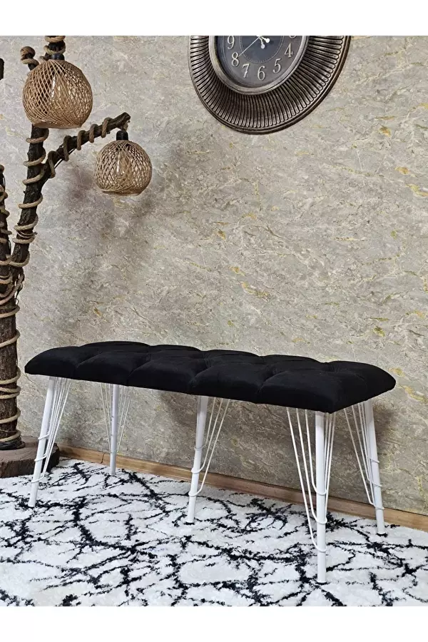 Metal Beyaz Tel Ayaklı 100 cm Puf Bench - Puf - Bench - Oturak - Mutfak Oturağı - Antre Oturağı Siyah Renk 100 x 40 Boyut/Ebat - Image 1