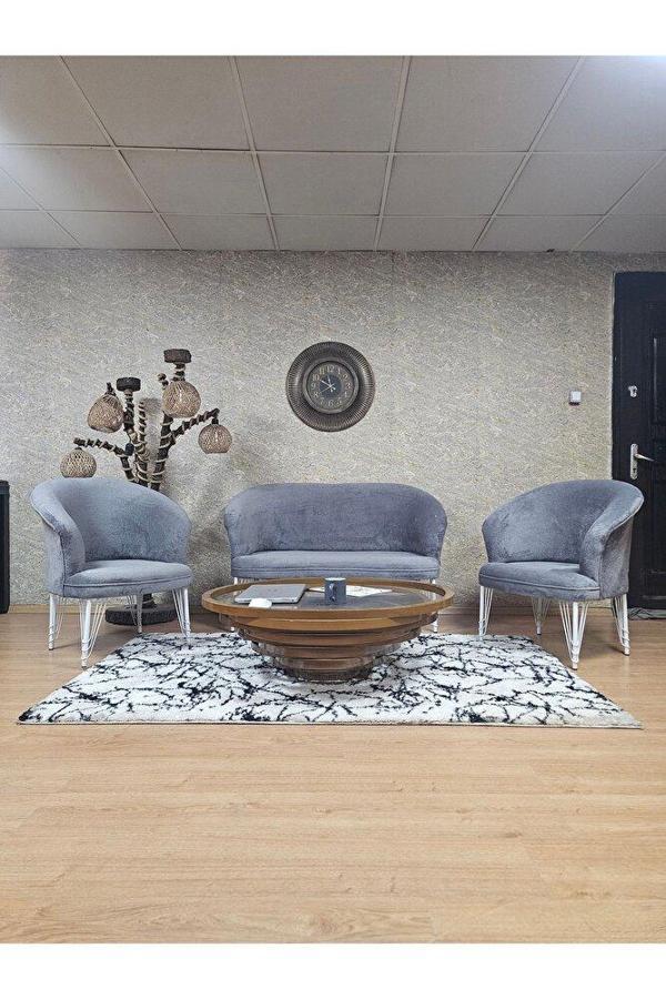 TEDDY Takım Beyaz Boyalı Telli Ayak Çay Seti Koltuk - Berjer , Balkon, Salon, Ofis Gri Renk 40 x 125 Boyut/Ebat - Image 1