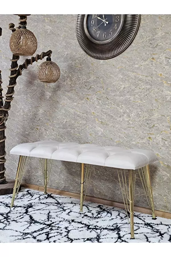Metal Gold Tel Ayaklı 100 cm Puf Bench - Puf - Bench - Oturak - Mutfak Oturağı - Antre Oturağı Krem Renk 100 x 40 Boyut/Ebat - Image 1