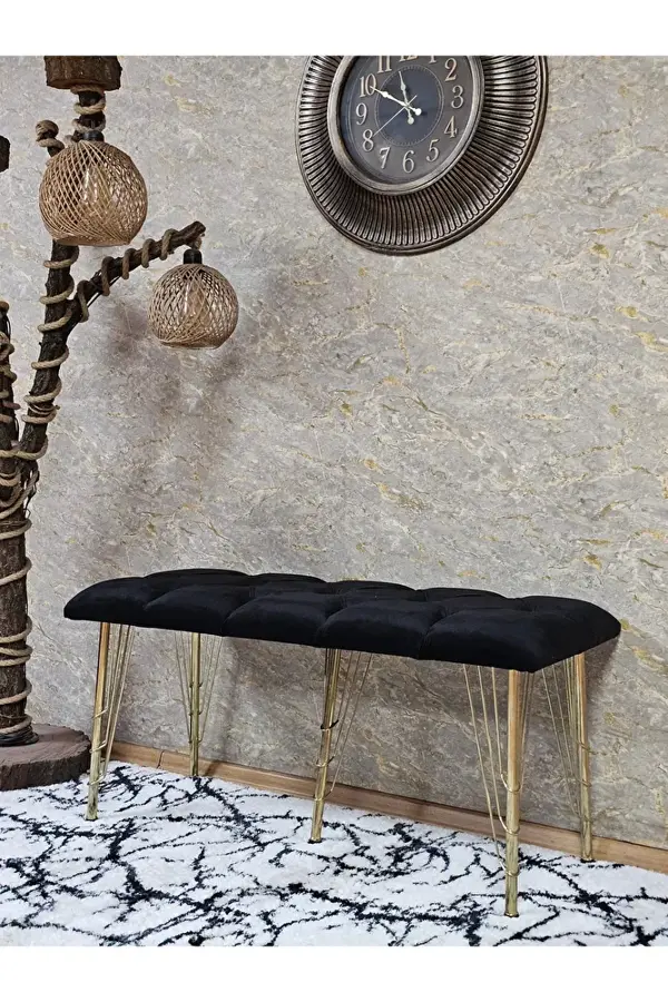 Metal Gold Tel Ayaklı 100 cm Puf Bench - Puf - Bench - Oturak - Mutfak Oturağı - Antre Oturağı Siyah Renk 100 x 40 Boyut/Ebat - Image 1