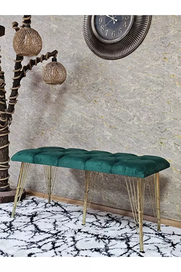 Metal Gold Tel Ayaklı 100 cm Puf Bench - Puf - Bench - Oturak - Mutfak Oturağı - Antre Oturağı Yeşil Renk 100 x 40 Boyut/Ebat - Image 1