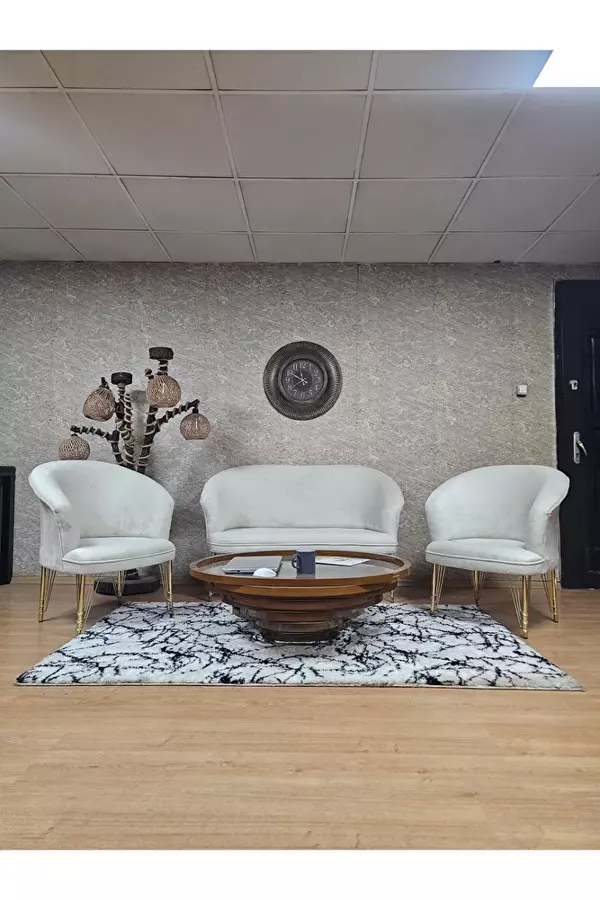 TEDDY Takım Gold Kaplama Telli Ayak Çay Seti Koltuk - Berjer , Balkon, Salon, Ofis Krem Renk 40 x 125 Boyut/Ebat - Image 1