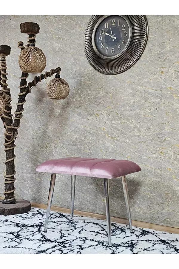 Krom Sivriltme Ayaklı 60 cm Puf Bench - Puf - Bench - Oturak - Mutfak Oturağı - Antre Oturağı Pembe Renk 60 x 40 Boyut/Ebat - Image 1