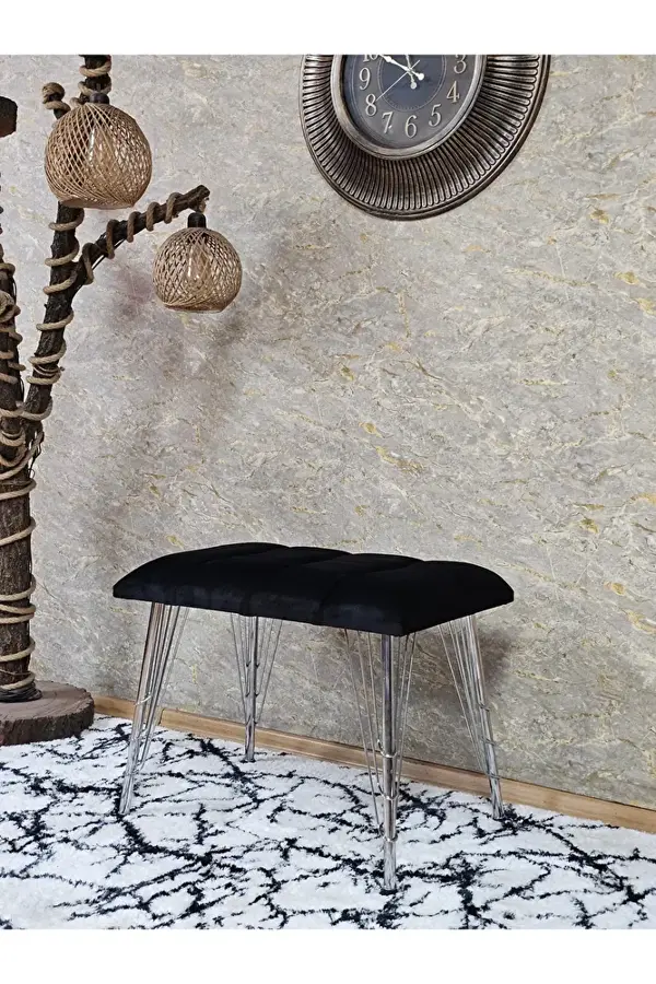 Metal Krom Tel Ayaklı 60 cm Puf Bench - Puf - Bench - Oturak - Mutfak Oturağı - Antre Oturağı Siyah Renk 60 x 40 Boyut/Ebat - Image 1