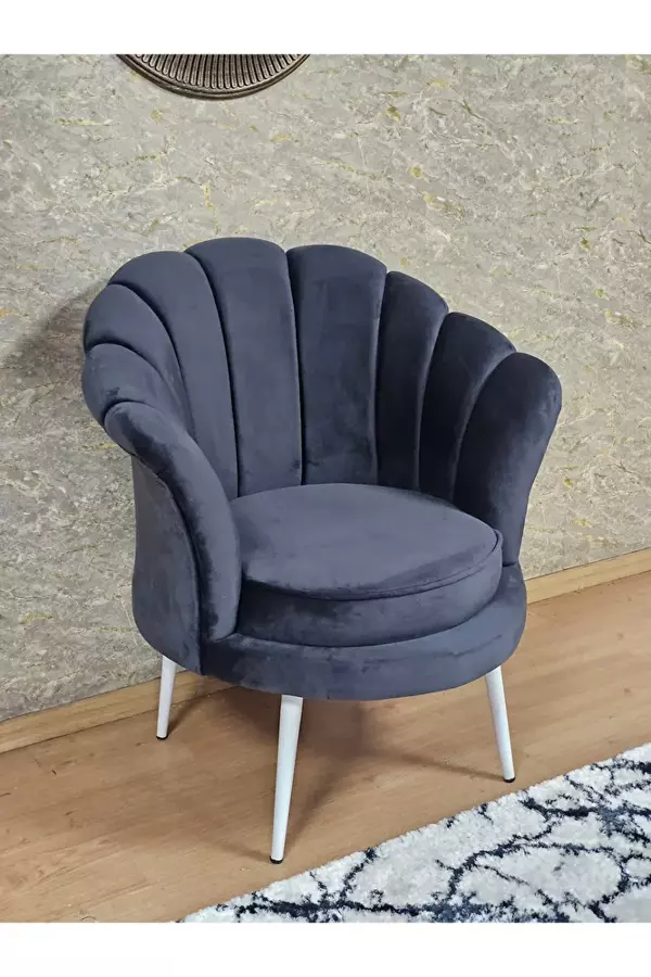 Tekli İstiridye Beyaz Boyalı Sivriltme Ayak Çay Seti Koltuk Tekli Berjer , Balkon, Salon, Ofis Füme Renk 47 x 47 Boyut/Ebat - Image 1