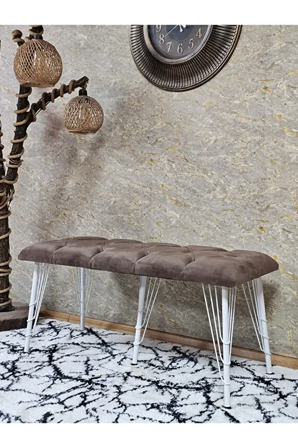 Metal Beyaz Tel Ayaklı 100 cm Puf Bench - Puf - Bench - Oturak - Mutfak Oturağı - Antre Oturağı Kahverengi Renk 100 x 40 Boyut/Ebat - Image 1