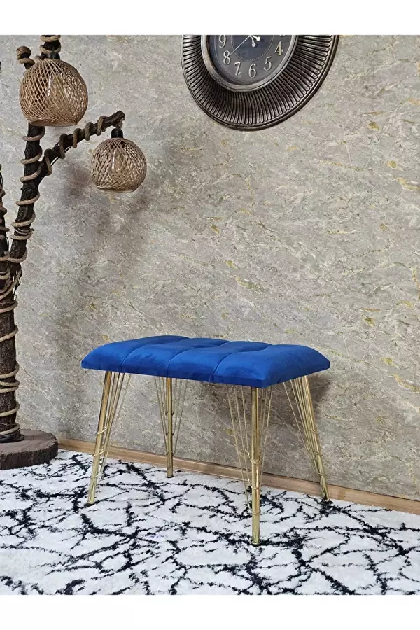 Metal Gold Tel Ayaklı 60 cm Puf Bench - Puf - Bench - Oturak - Mutfak Oturağı - Antre Oturağı Mavi Renk 60 x 40 Boyut/Ebat - Image 1