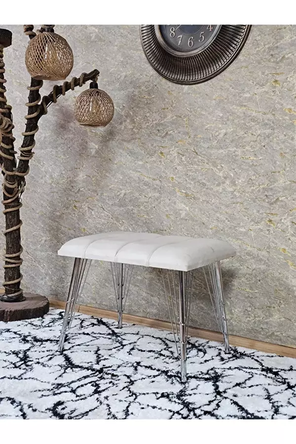 Metal Krom Tel Ayaklı 60 cm Puf Bench - Puf - Bench - Oturak - Mutfak Oturağı - Antre Oturağı Krem Renk 60 x 40 Boyut/Ebat - Image 1