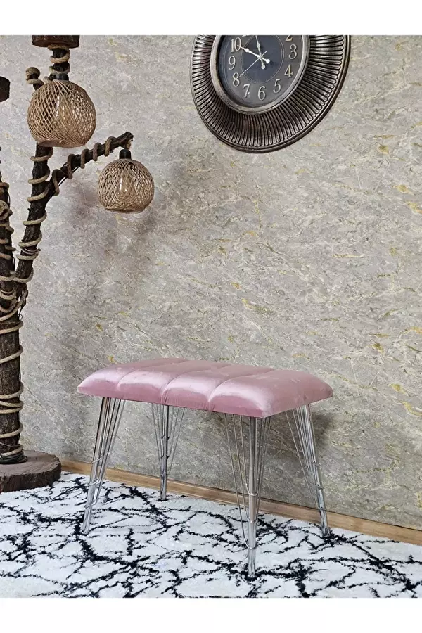 Metal Krom Tel Ayaklı 60 cm Puf Bench - Puf - Bench - Oturak - Mutfak Oturağı - Antre Oturağı Pembe Renk 60 x 40 Boyut/Ebat - Image 1