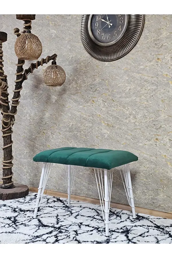 Metal Beyaz Tel Ayaklı 60 cm Puf Bench - Puf - Bench - Oturak - Mutfak Oturağı - Antre Oturağı Yeşil Renk 60 x 40 Boyut/Ebat - Image 1