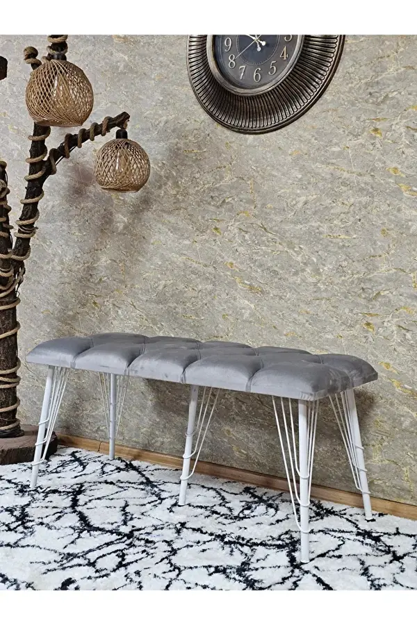 Metal Beyaz Tel Ayaklı 100 cm Puf Bench - Puf - Bench - Oturak - Mutfak Oturağı - Antre Oturağı Gri Renk 100 x 40 Boyut/Ebat - Image 1