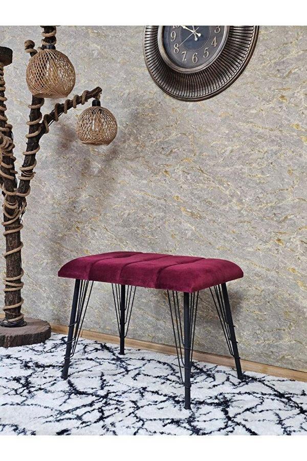 Metal Siyah Tel Ayaklı 60 cm Puf Bench - Puf - Bench - Oturak - Mutfak Oturağı - Antre Oturağı Bordo Renk 60 x 40 Boyut/Ebat - Image 1