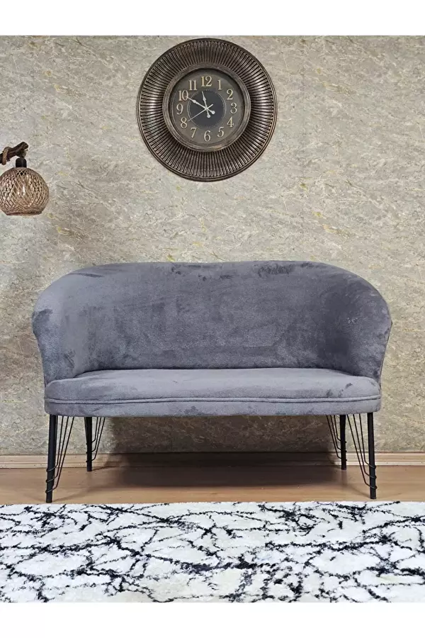 İkili TEDDY Siyah Boyalı Telli Ayak Çay Seti Koltuk İkili Berjer , Balkon, Salon, Ofis Gri Renk 40,5 Boyut/Ebat - Image 1