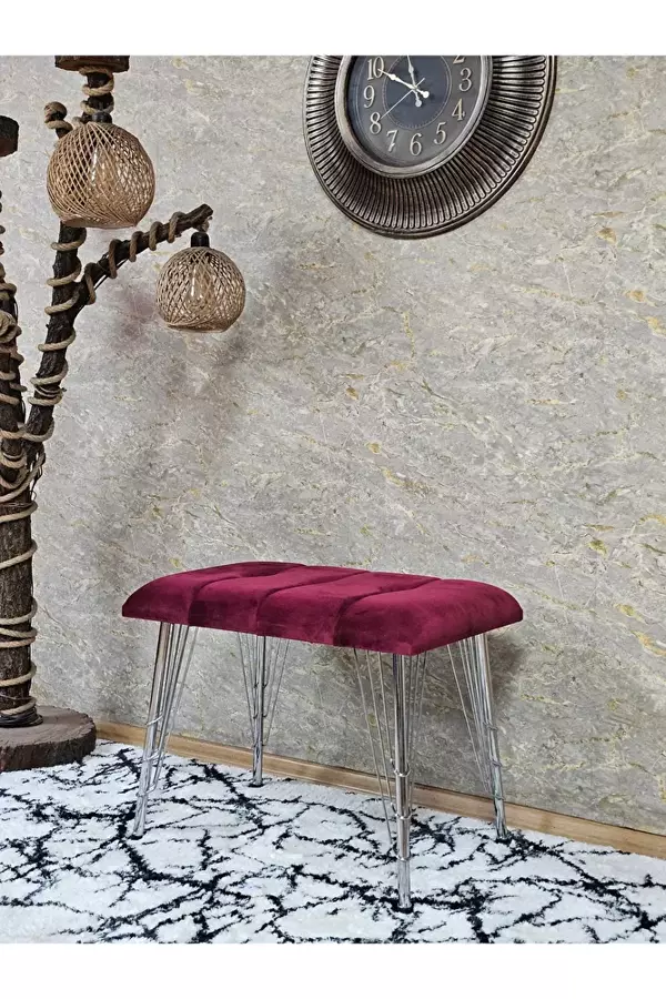 Metal Krom Tel Ayaklı 60 cm Puf Bench - Puf - Bench - Oturak - Mutfak Oturağı - Antre Oturağı Bordo Renk 60 x 40 Boyut/Ebat - Image 1