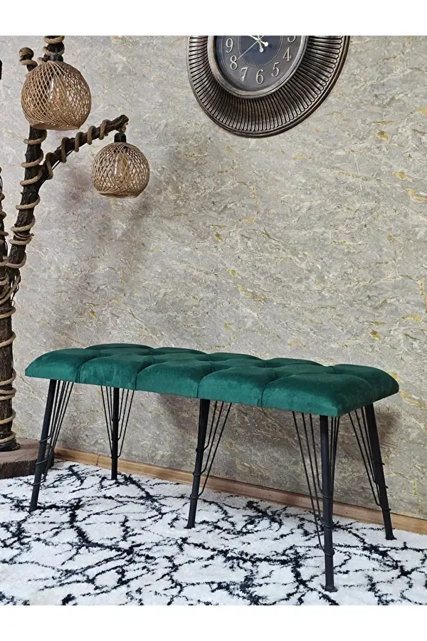 Metal Siyah Tel Ayaklı 100 cm Puf Bench - Puf - Bench - Oturak - Mutfak Oturağı - Antre Oturağı Yeşil Renk 100 x 40 Boyut/Ebat - Image 1
