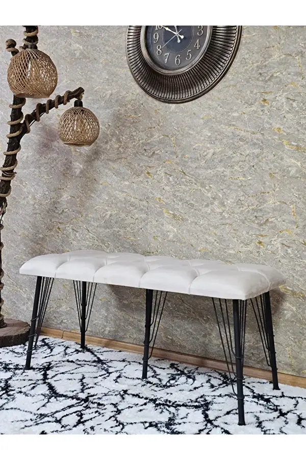 Metal Siyah Tel Ayaklı 100 cm Puf Bench - Puf - Bench - Oturak - Mutfak Oturağı - Antre Oturağı Krem Renk 100 x 40 Boyut/Ebat - Image 1