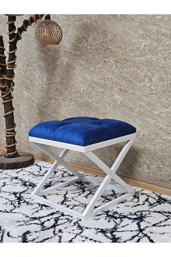 Beyaz Boyalı 45 cm x 45 cm Çaprazlı Puf Bench Oturak Mavi Renk 45 x 45 Boyut/Ebat - Image 1