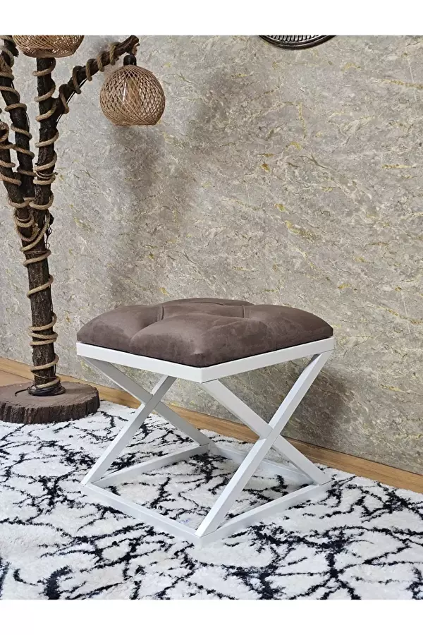 Beyaz Boyalı 45 cm x 45 cm Çaprazlı Puf Bench Oturak Kahverengi Renk 45 x 45 Boyut/Ebat - Image 1