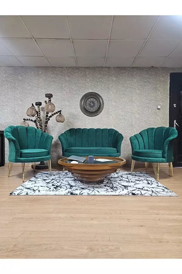İstiridye Takım Gold Kaplama Telli Ayak Çay Seti Koltuk Takımı Yeşil Renk 110 x 48 Boyut/Ebat - Image 1