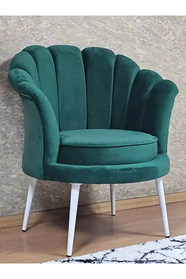 Tekli İstiridye Beyaz Boyalı Sivriltme Ayak Çay Seti Koltuk Tekli Berjer , Balkon, Salon, Ofis Yeşil Renk 47 x 47 Boyut/Ebat - Image 1
