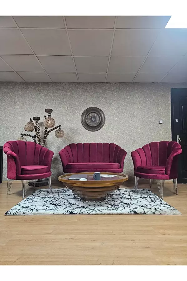 İstiridye Takım Krom Kaplama Telli Ayak Çay Seti Koltuk Takımı Bordo Renk 110 x 48 Boyut/Ebat - Image 1