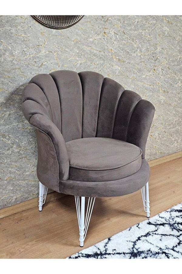 Tekli İstiridye Beyaz Boyalı Telli Ayak Çay Seti Koltuk Tekli Berjer , Balkon, Salon, Ofis Kahverengi Renk 47 x 47 Boyut/Ebat - Image 1