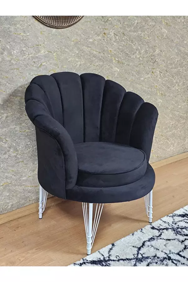 Tekli İstiridye Beyaz Boyalı Telli Ayak Çay Seti Koltuk Tekli Berjer , Balkon, Salon, Ofis Siyah Renk 47 x 47 Boyut/Ebat - Image 1