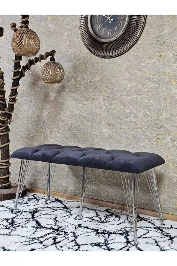 Metal Krom Tel Ayaklı 100 cm Puf Bench - Puf - Bench - Oturak - Mutfak Oturağı - Antre Oturağı Füme Renk 100 x 40 Boyut/Ebat - Image 1