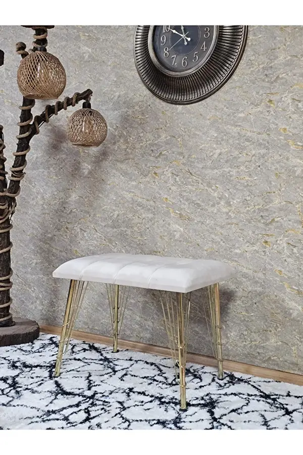 Metal Gold Tel Ayaklı 60 cm Puf Bench - Puf - Bench - Oturak - Mutfak Oturağı - Antre Oturağı Krem Renk 60 x 40 Boyut/Ebat - Image 1