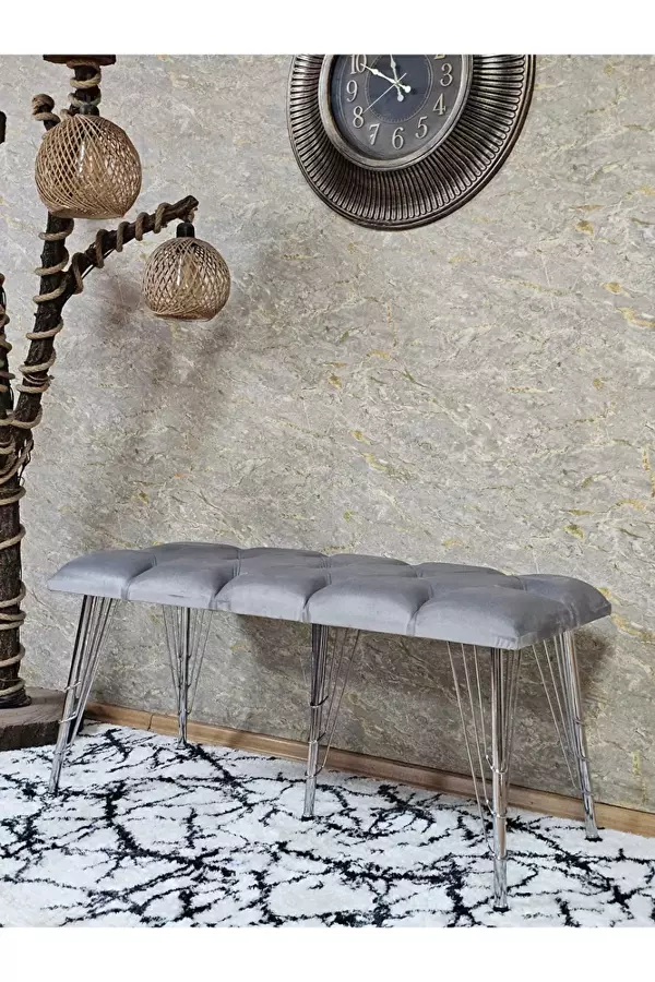 Metal Krom Tel Ayaklı 100 cm Puf Bench - Puf - Bench - Oturak - Mutfak Oturağı - Antre Oturağı Gri Renk 100 x 40 Boyut/Ebat - Image 1