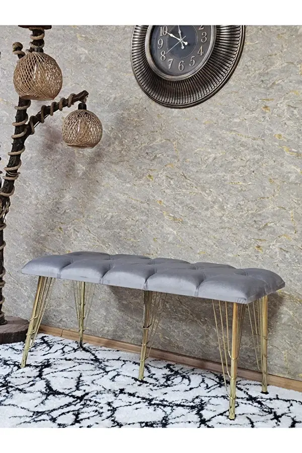 Metal Gold Tel Ayaklı 100 cm Puf Bench - Puf - Bench - Oturak - Mutfak Oturağı - Antre Oturağı Gri Renk 100 x 40 Boyut/Ebat - Image 1