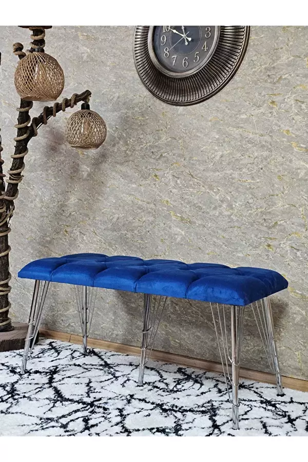 Metal Krom Tel Ayaklı 100 cm Puf Bench - Puf - Bench - Oturak - Mutfak Oturağı - Antre Oturağı Mavi Renk 100 x 40 Boyut/Ebat - Image 1