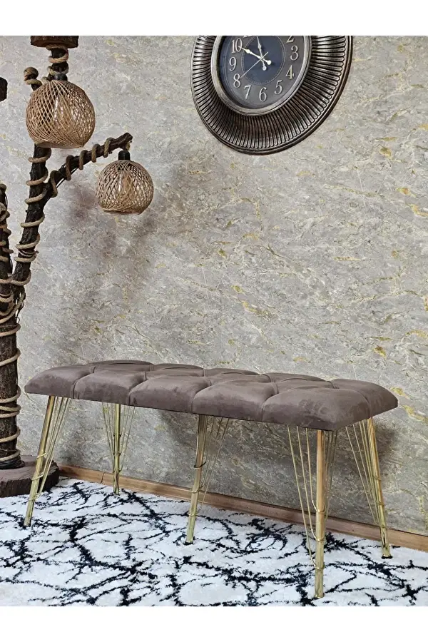 Metal Gold Tel Ayaklı 100 cm Puf Bench - Puf - Bench - Oturak - Mutfak Oturağı - Antre Oturağı Kahverengi Renk 100 x 40 Boyut/Ebat - Image 1