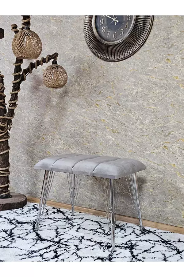 Metal Krom Tel Ayaklı 60 cm Puf Bench - Puf - Bench - Oturak - Mutfak Oturağı - Antre Oturağı Gri Renk 60 x 40 Boyut/Ebat - Image 1