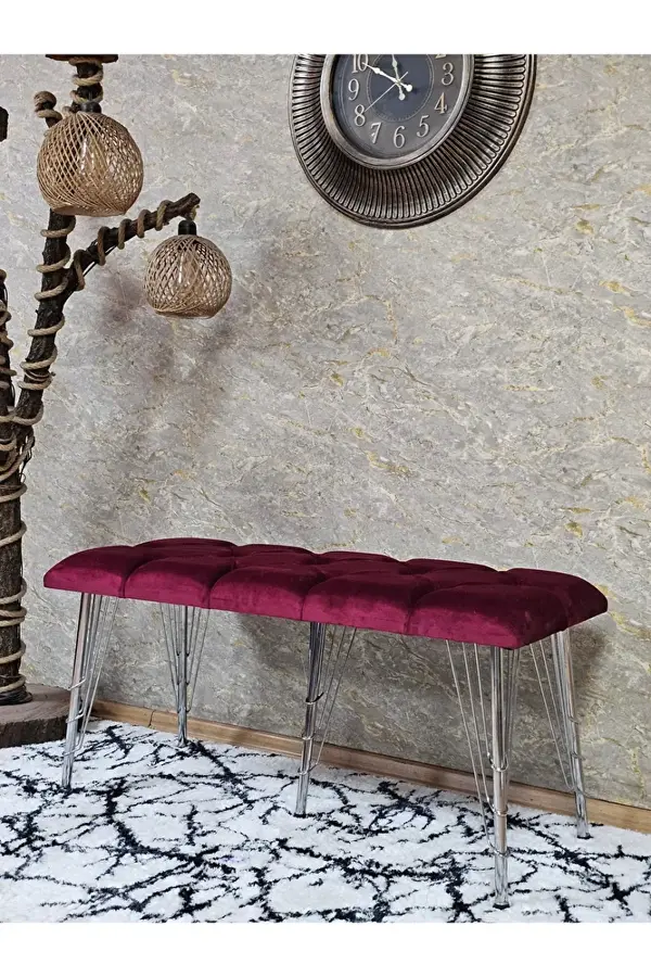 Metal Krom Tel Ayaklı 100 cm Puf Bench - Puf - Bench - Oturak - Mutfak Oturağı - Antre Oturağı Bordo Renk 100 x 40 Boyut/Ebat - Image 1